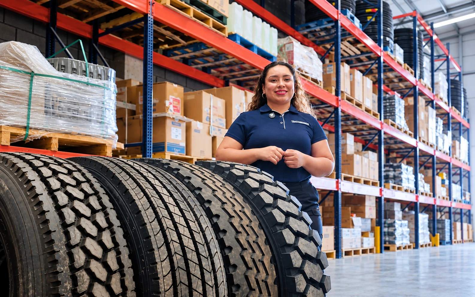 Integrante del equipo Tractomundo junto a llantas para transporte pesado en el almacén