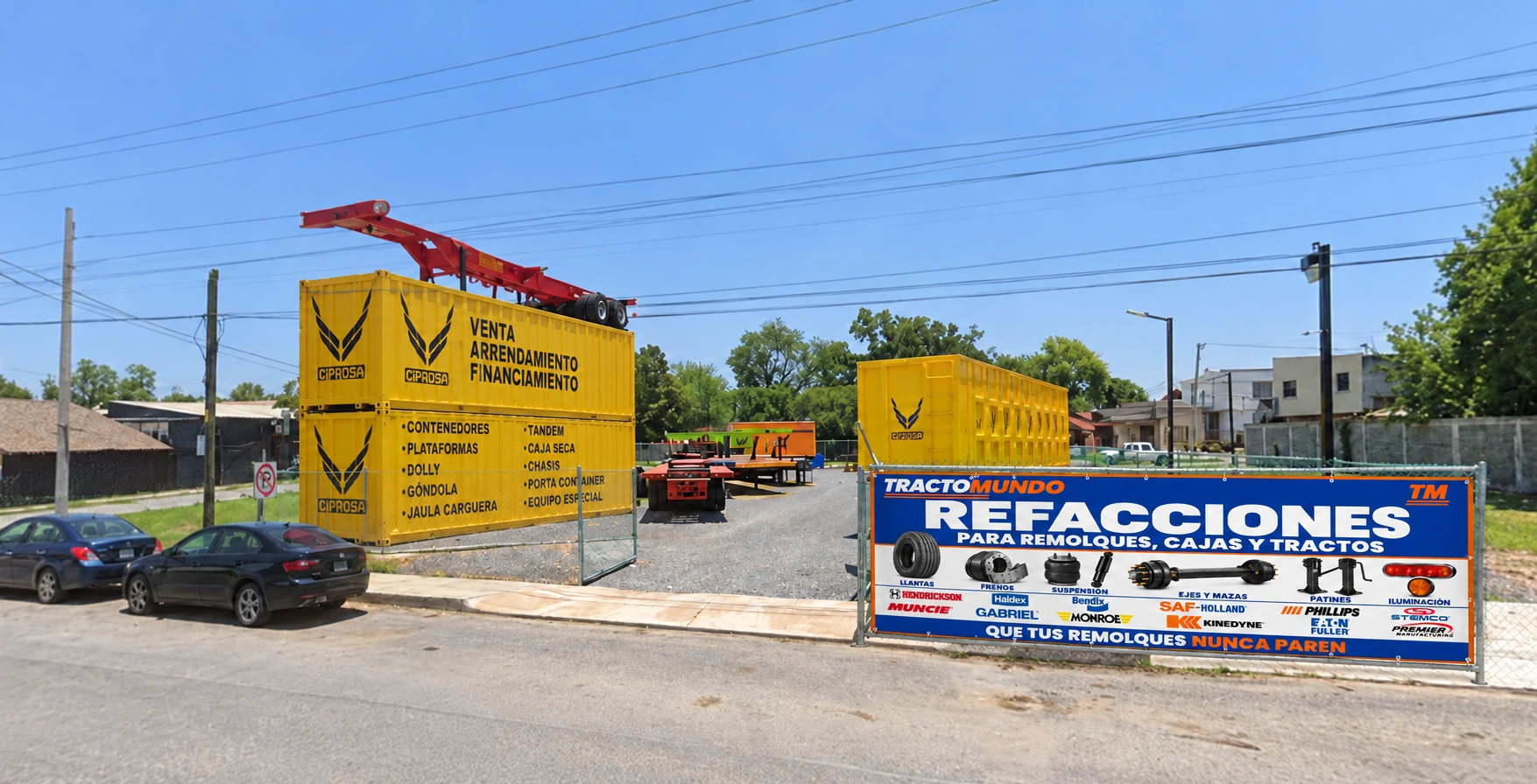 Acceso de Tractomundo Allende con anuncio de refacciones y contenedores amarillos